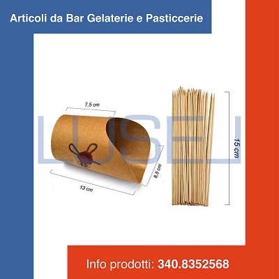 (a09) KIT PZ 100 ASTUCCIO PORTA PATATINE E FRITTI IN CARTA + PZ 100 SPIEDINI IN LEGNO CM 15 PER PATATINE E OLIVE ASCOLAN